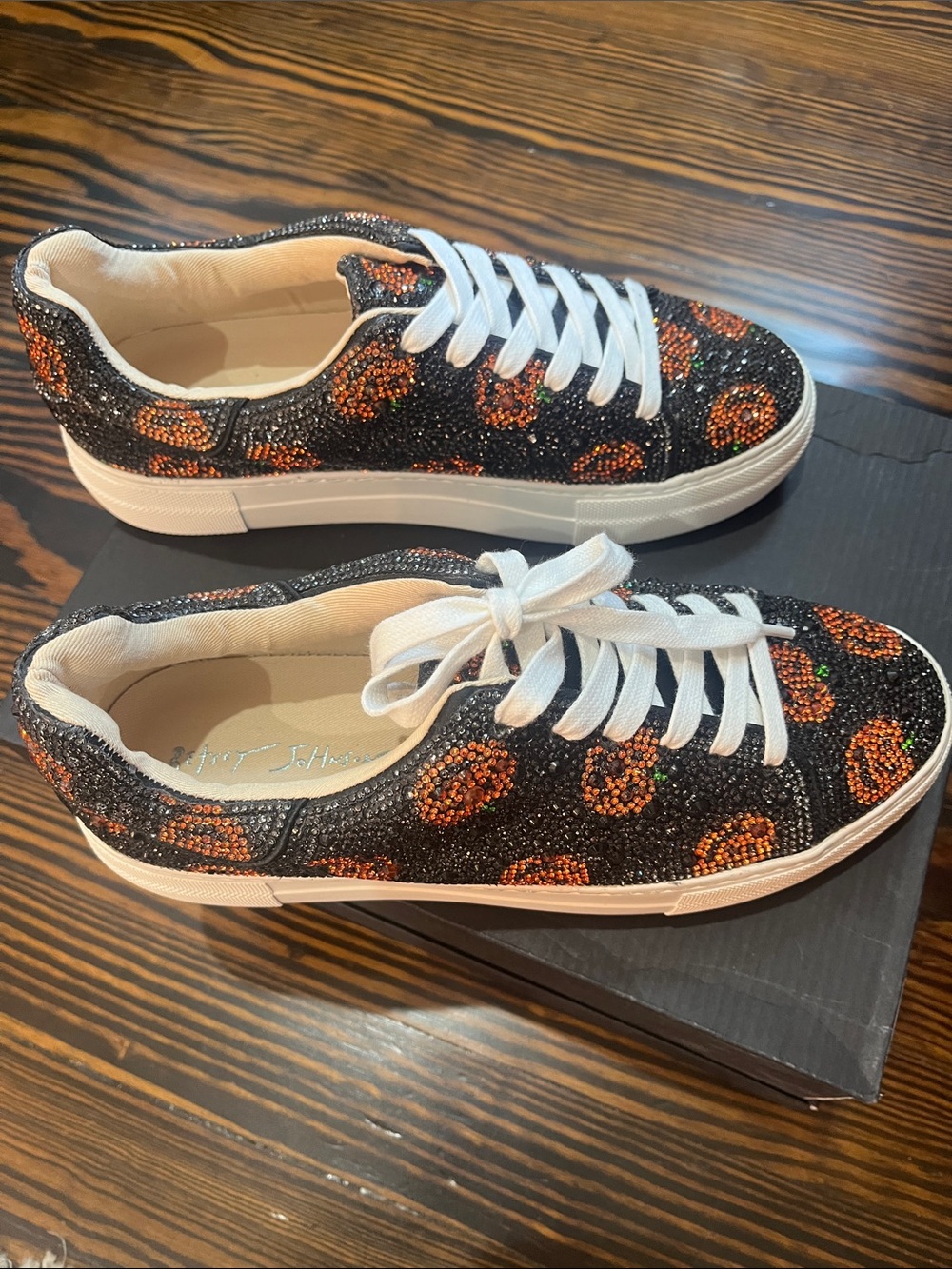 NWOB Betsey Johnson Black Crystal Sneakers with Orange Floral Accents